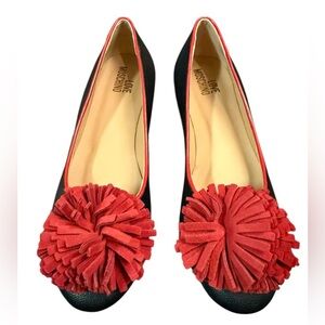 Love Moschino Red Puff Pom Pom Black Leather Flats Size 38/ US 8